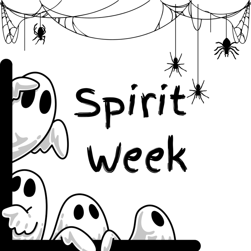 Four ghosts posing with spider webs and the words Spirit Week