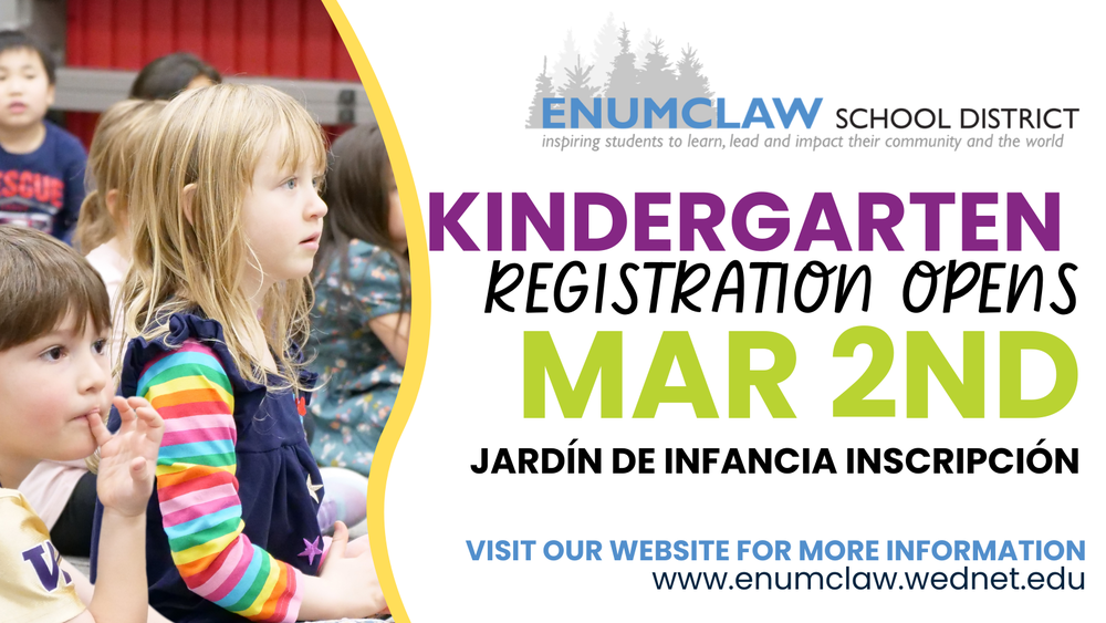 Kindergarten Registration Opens on Mar 2nd visit our website for more information with photo of young students listening to their teacher in a classroom