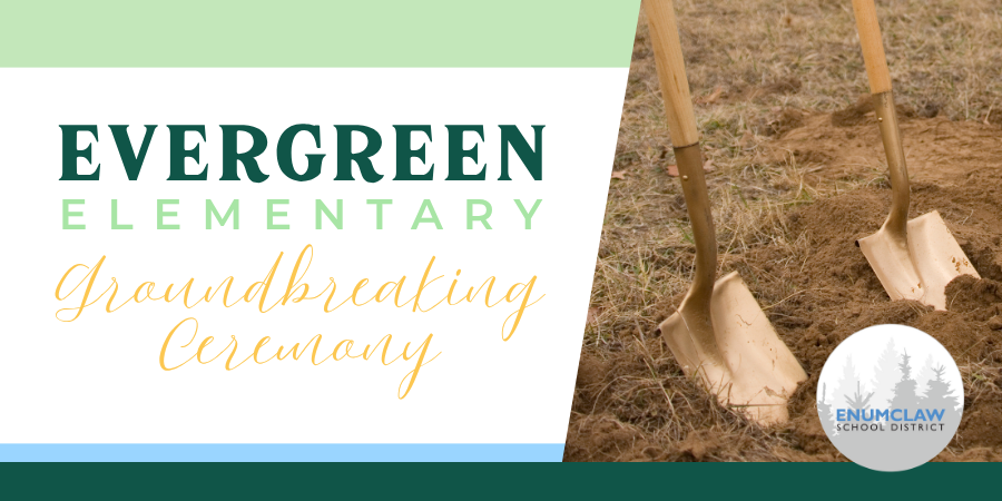Evergreen Elementary Ground breaking Ceremony with two shovels and ESD logo
