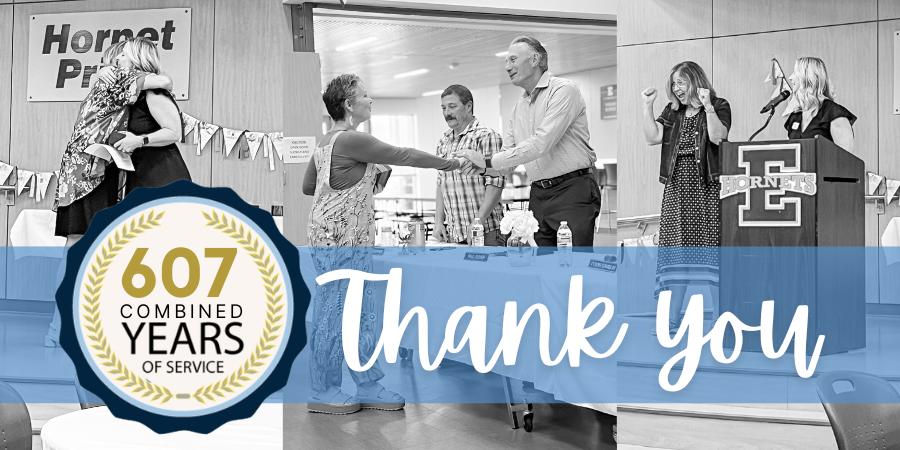 607 combined years of service Thank you with photos of hugs and handshakes with this year's ESD retirees in the background