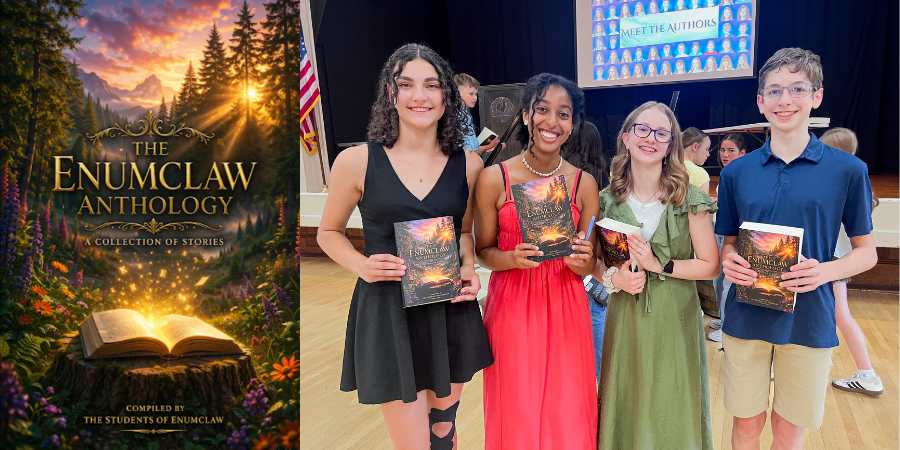 Photo onf students holding their published book and photo of the cover of the book