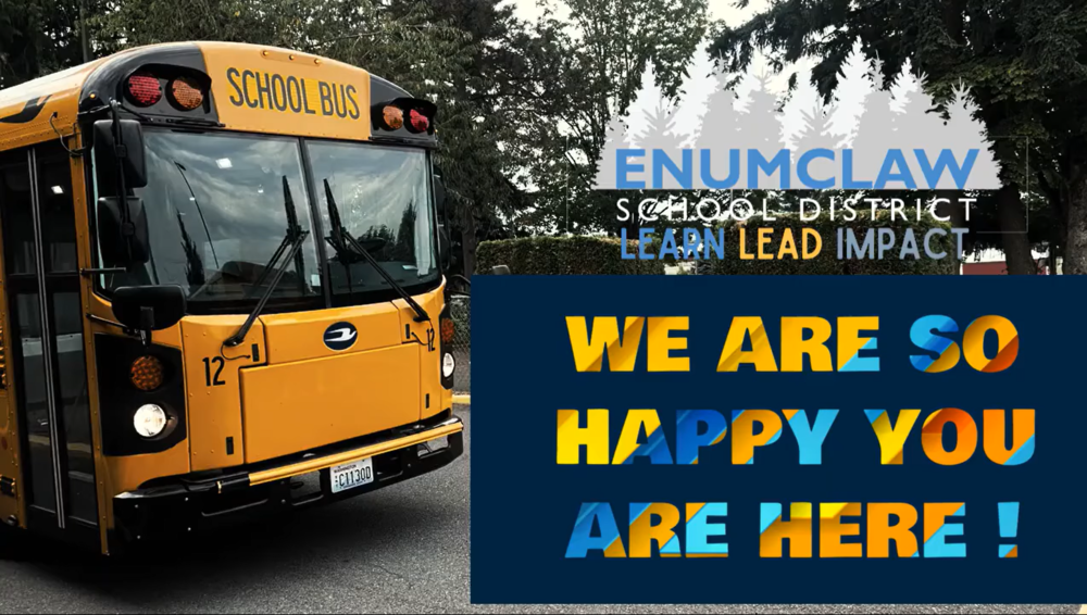 First Day of School Video Thumbnail featuring a school bus the district logo and "we are so happy you are here!" in colorful letters