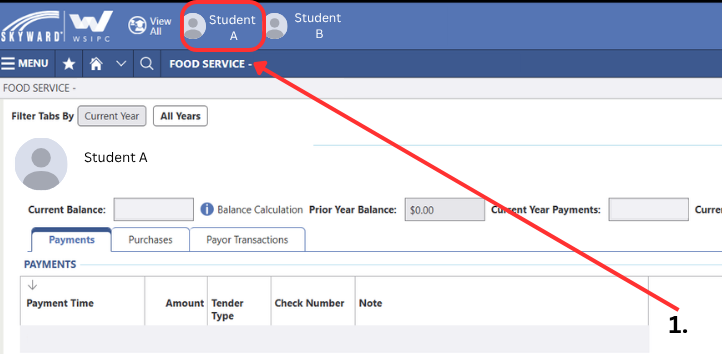 screen shot of the food service screen with arrows pointing to step 1 and 2