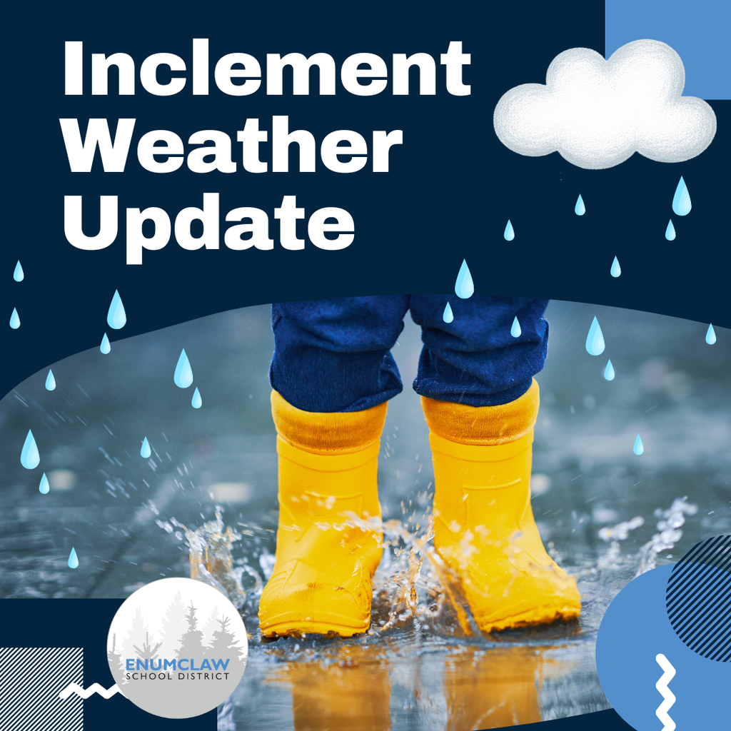 Inclement Weather Update with photo of yellow rain boots in a puddle