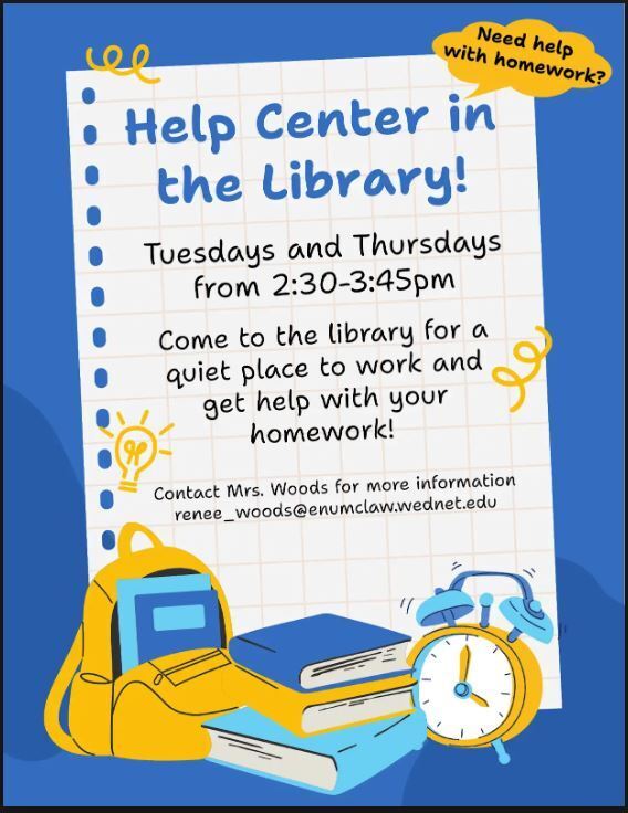 Homework Help Center Tuesday and Thursday 2:30-3:45 in the EMS Library