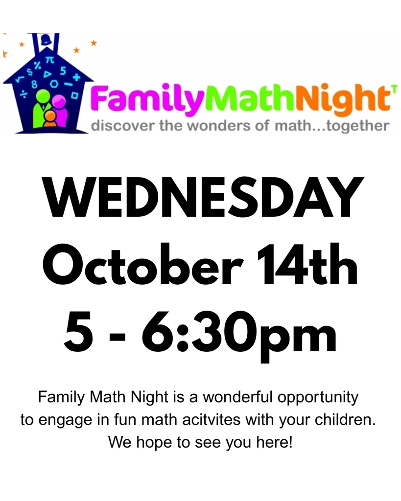 Family Math Night October 14th from 5-6:30pm