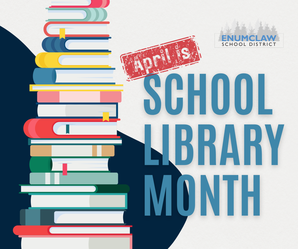 April is School Library Month. Stack of books on the left.