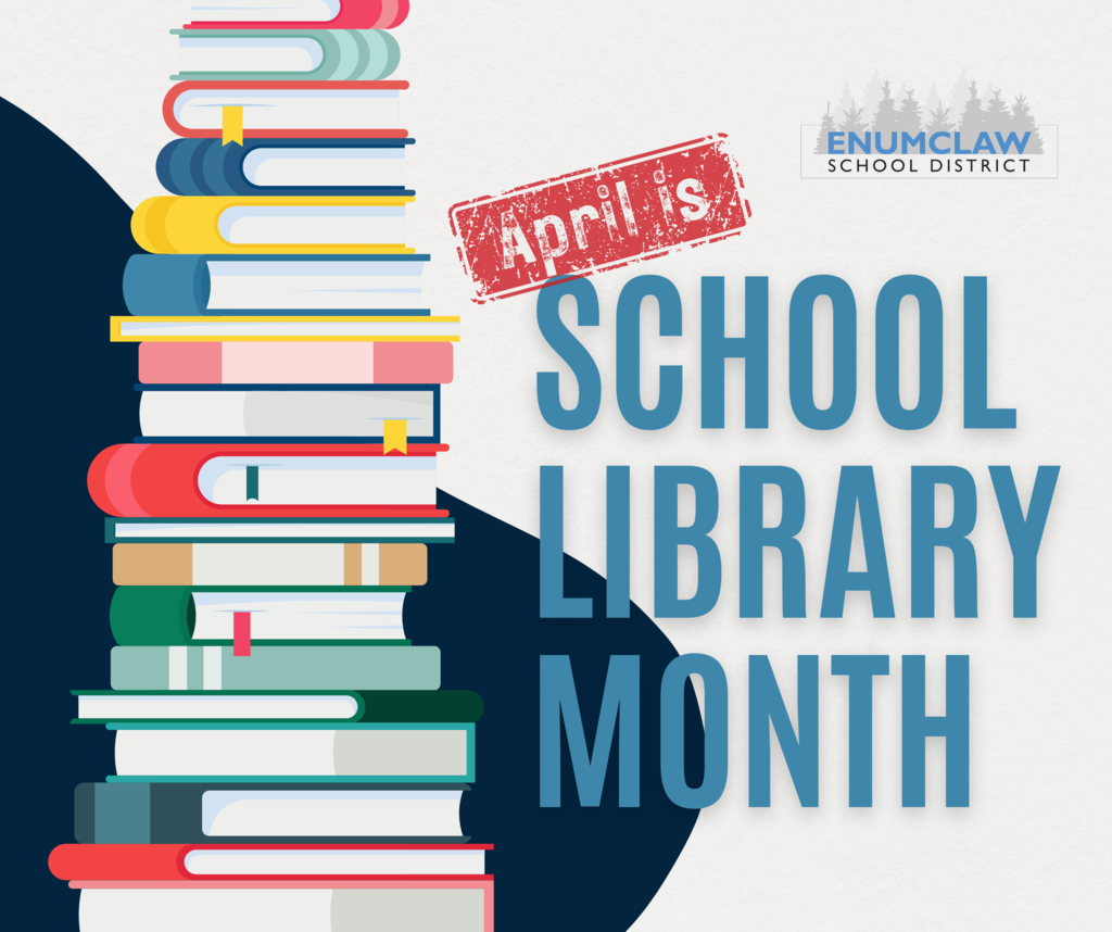 April is School Library Month. Stack of books on the left. 