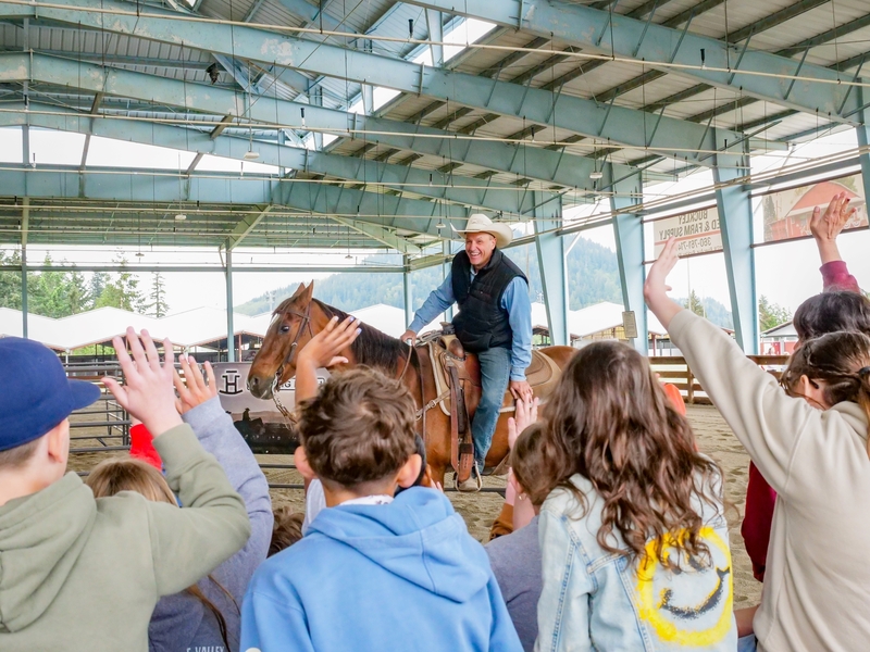 Photo of local rancher teaching students about ranching and farming on horseback