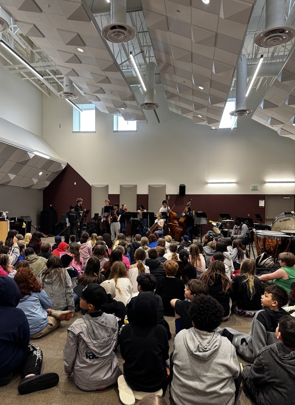 students listen to an orchestra performance
