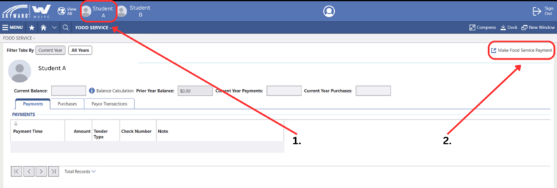 screen shot of the food service screen with arrows pointing to step 1 and 2