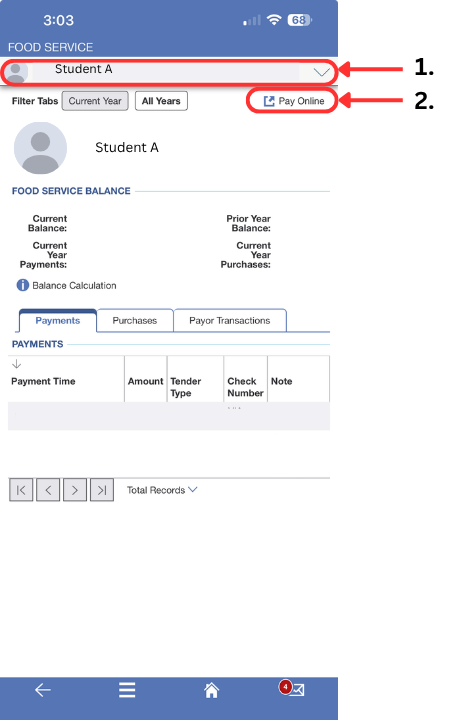 screen shot of the food service screen with arrows pointing to step 1 and 2