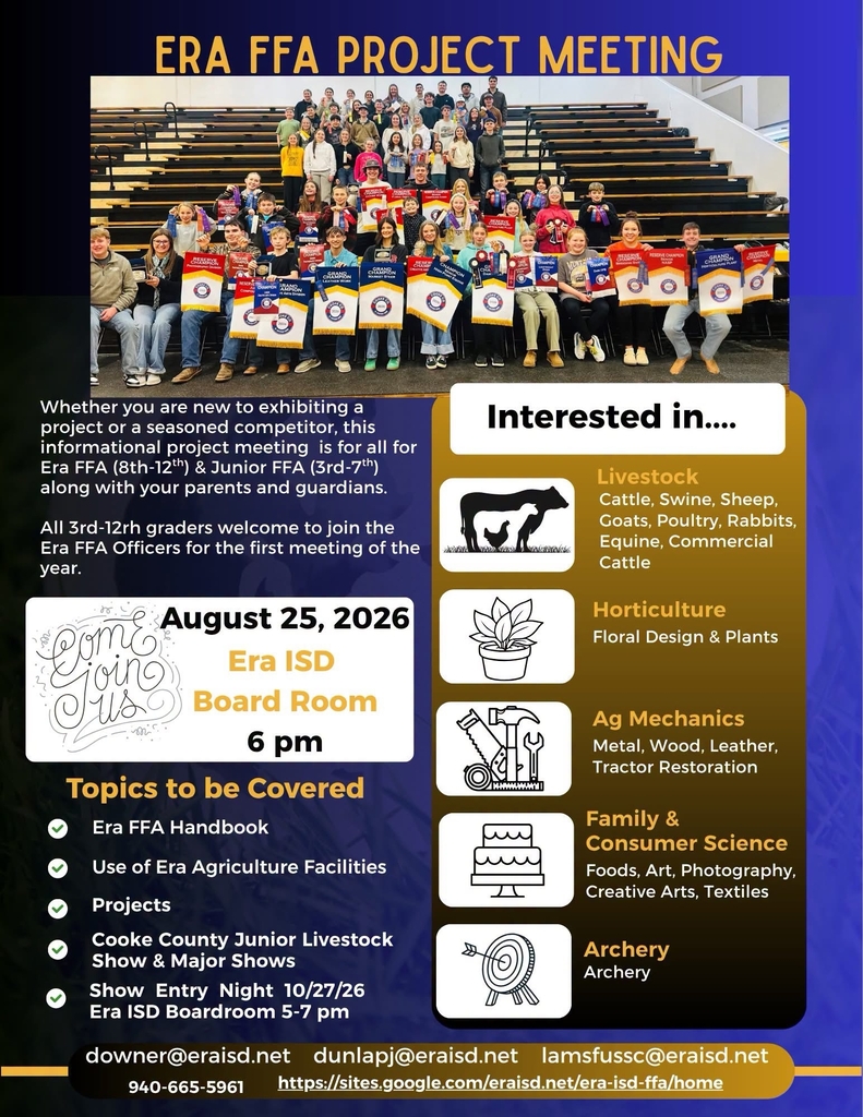 Era FFA Project Meeting - Tuesday August 25th in the Boardroom @ 6PM!