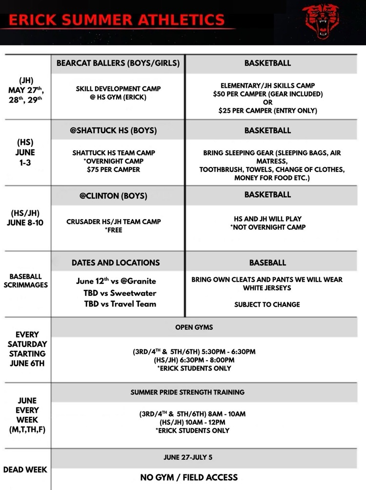 Erick Summer Athletic Schedule