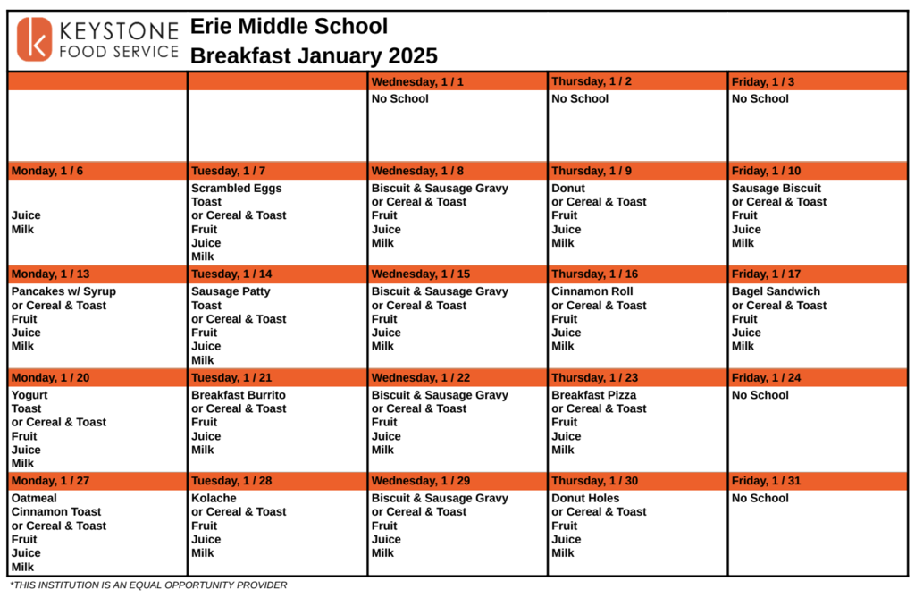 January Breakfast Menu