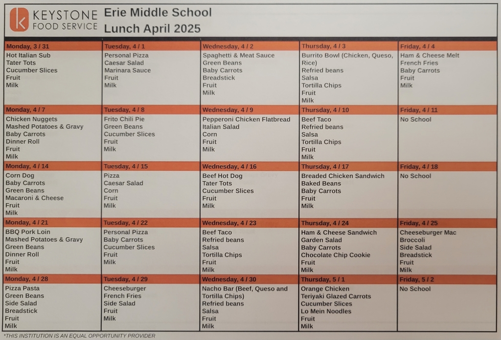 April Lunch and Breakfast Menus