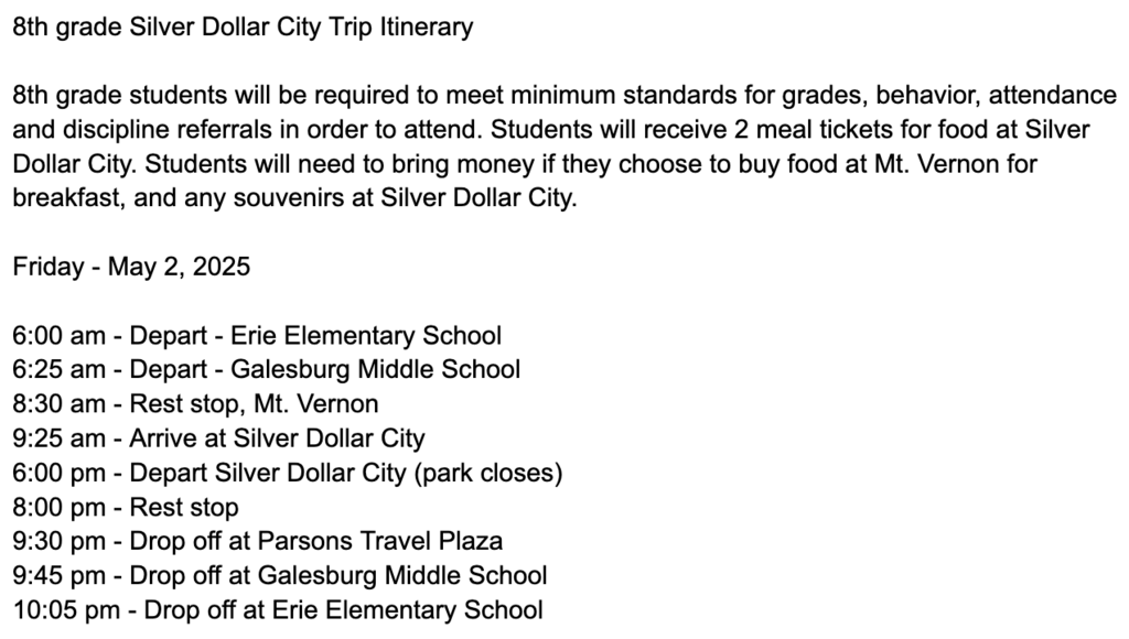 8th Grade SDC Itinerary