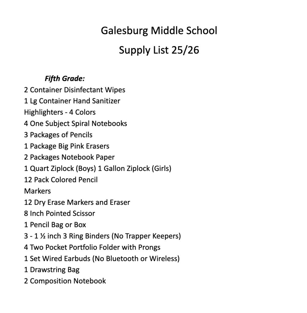 2025/2026 Galesburg Middle School Supply Lists 2