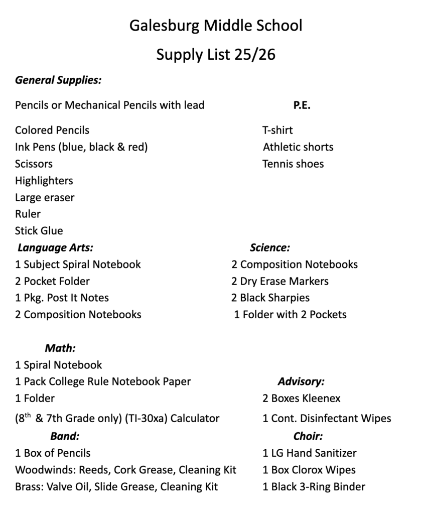 2025/2026 Galesburg Middle School Supply Lists