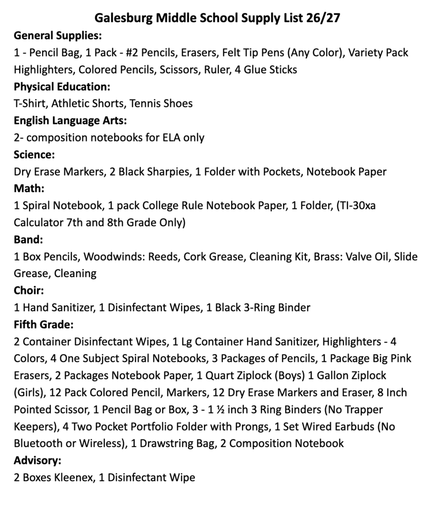 2026 GMS School Supply List