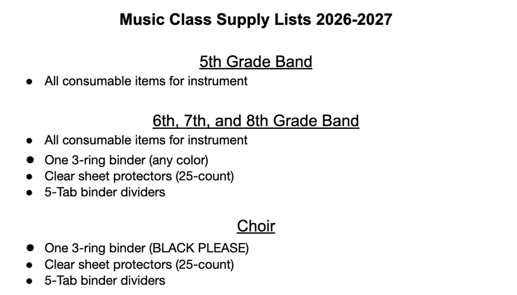 26/27 Band and Choir Supply LIst