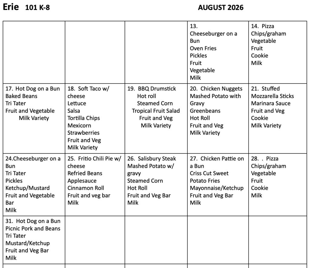 EHS/GMS August Lunch and Breakfast Menus