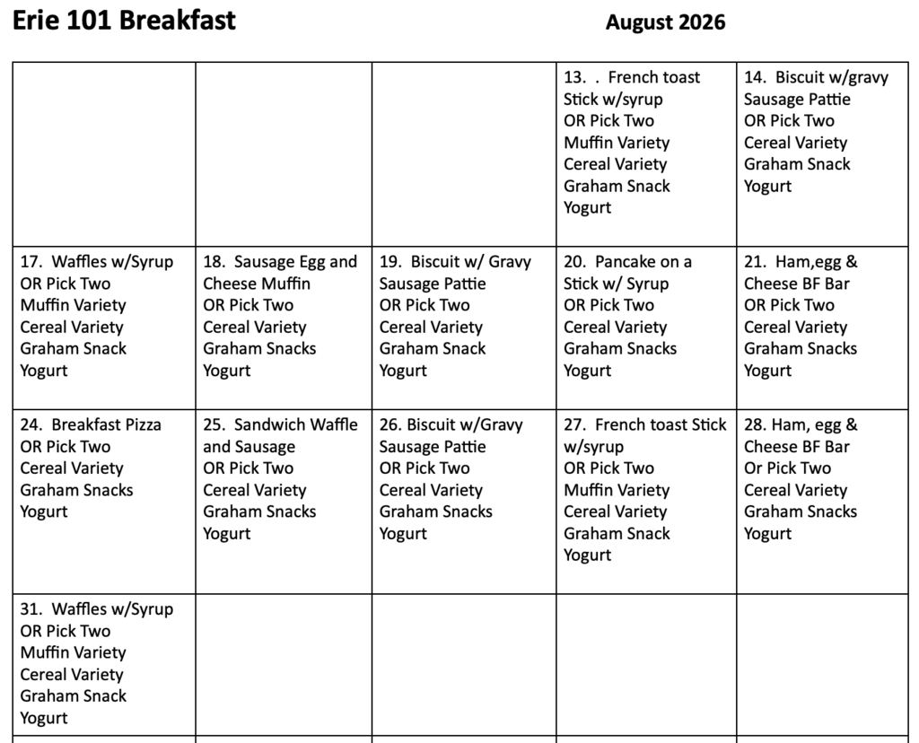 EHS/GMS August Breakfast Menu