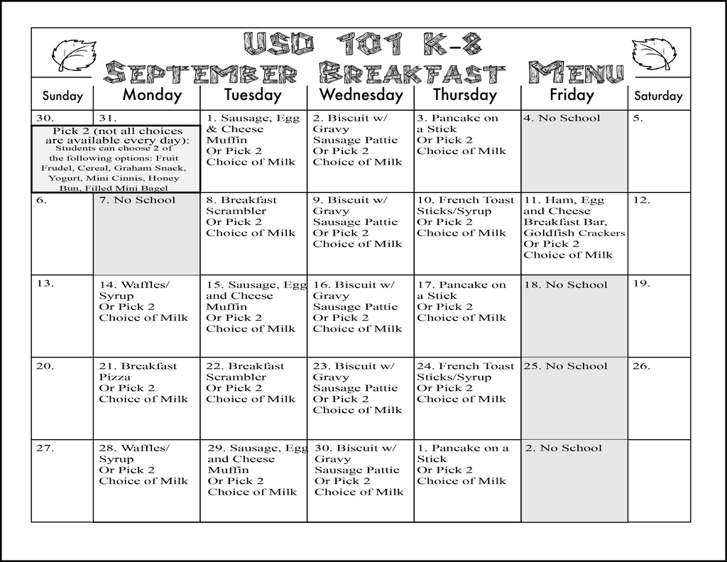 September Breakfast Menu