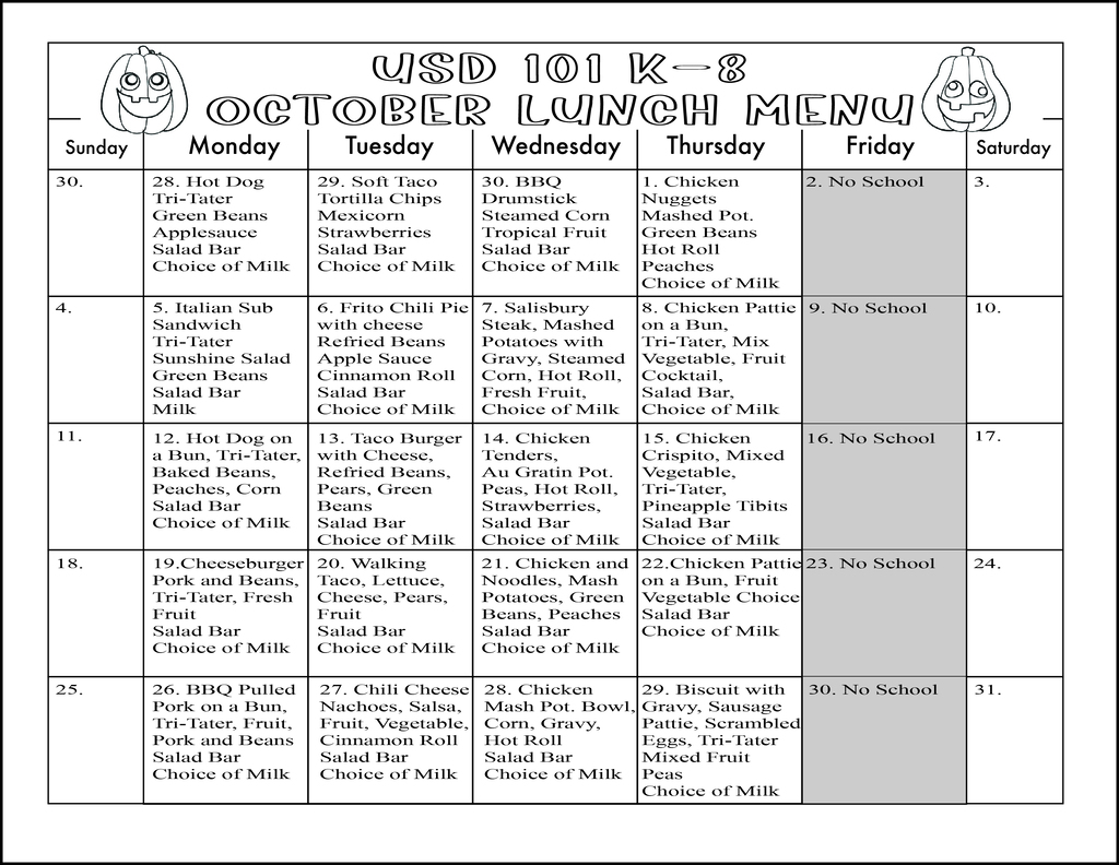October Lunch Menu