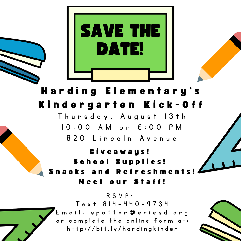 invitation to kindergarten kick off at Harding on August 13th