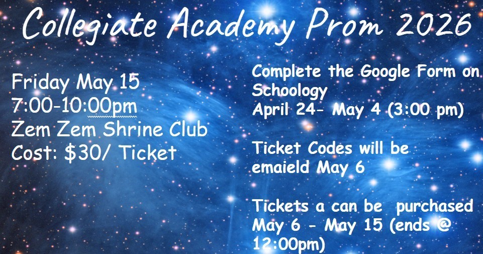 This image just contains the same information in the story:  to buy prom tickets, please complete the Google form in Schoology by 3:00 p.m. on Monday, May 4.