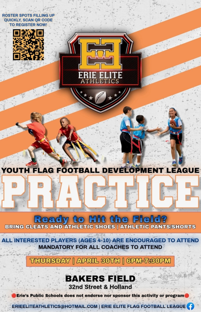 Erie Elite Athletics Youth Flag Football Development League Practice Flyer. 
