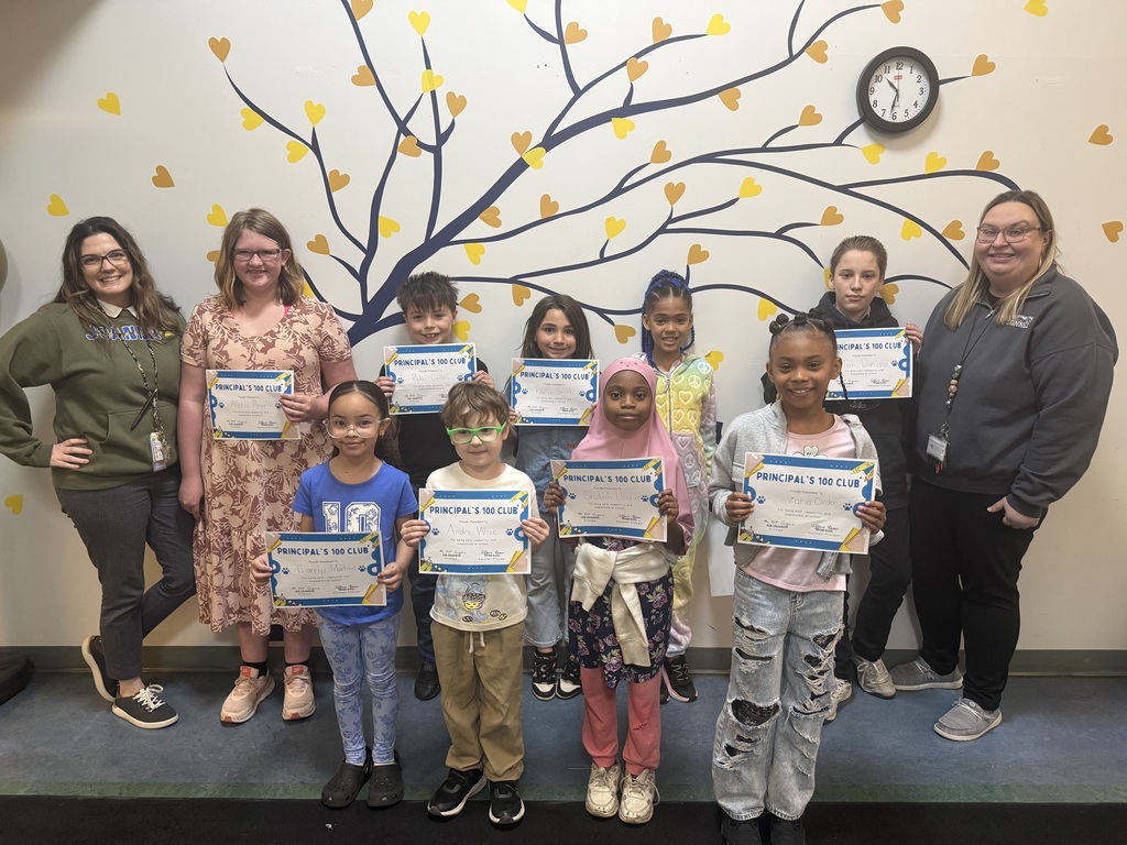 Full group picture of students who won Principal’s 100 club this week alongside their principals. 