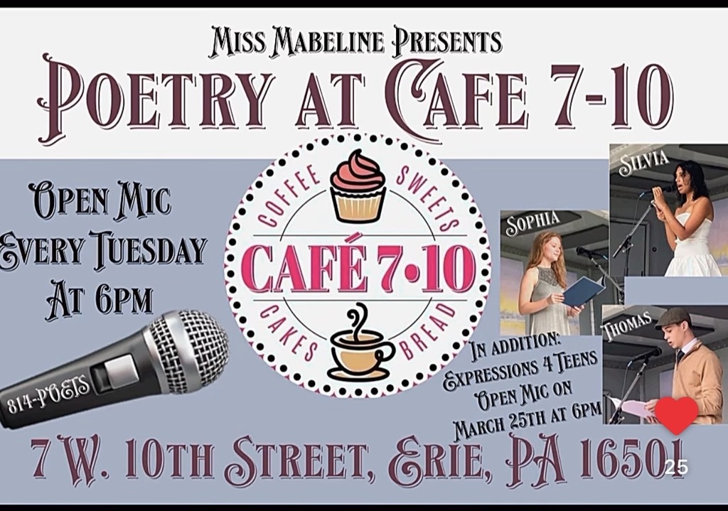 This image features teen poets who have read at the teen open mic night at Cafe 7-10. Those open mic nights happen every Tuesday at 6:00 p.m.