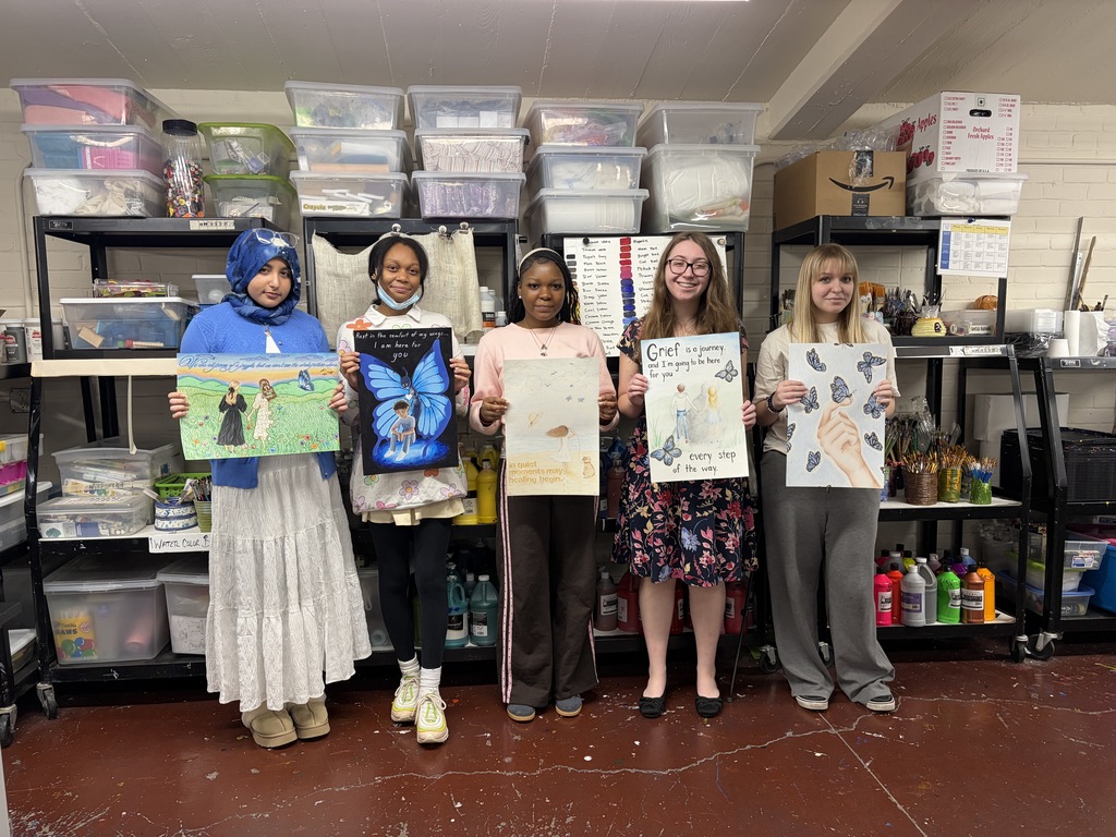 This photograph features the four regional finalists, along with the winner, junior Jada McAllister, in the annual Highmark Caring Place Poster Contest. The other students are  Zahraa Al-Dhumeen, Asha Hassan, Sophia Gnacinski and  Elvira Ulasavets.