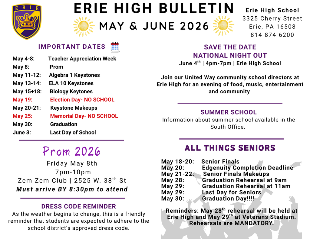 Erie High Newsletter for May & June. 2026