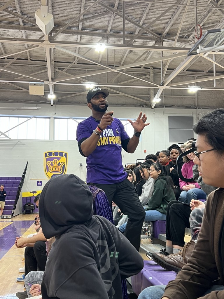 David Powertalk in the stands of Erie High speaking to students.