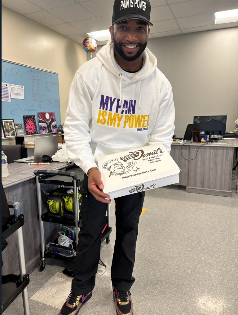 David Powertalk with Mighty Fine donuts.