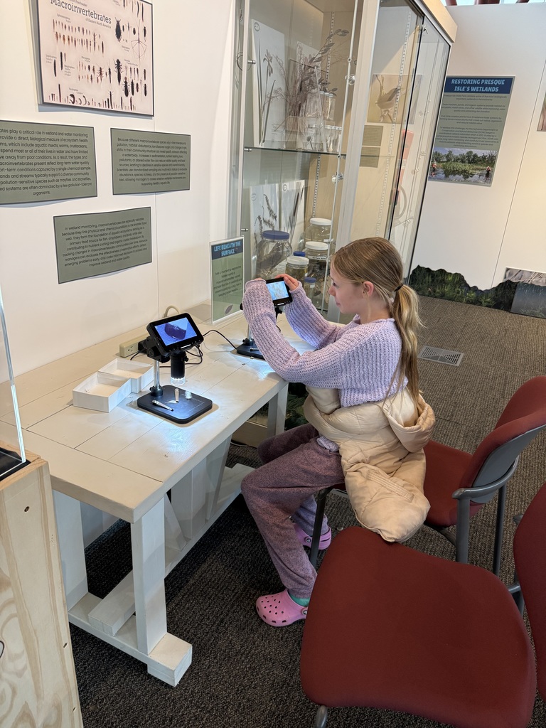 Student using tablet device as a microscope to view objects