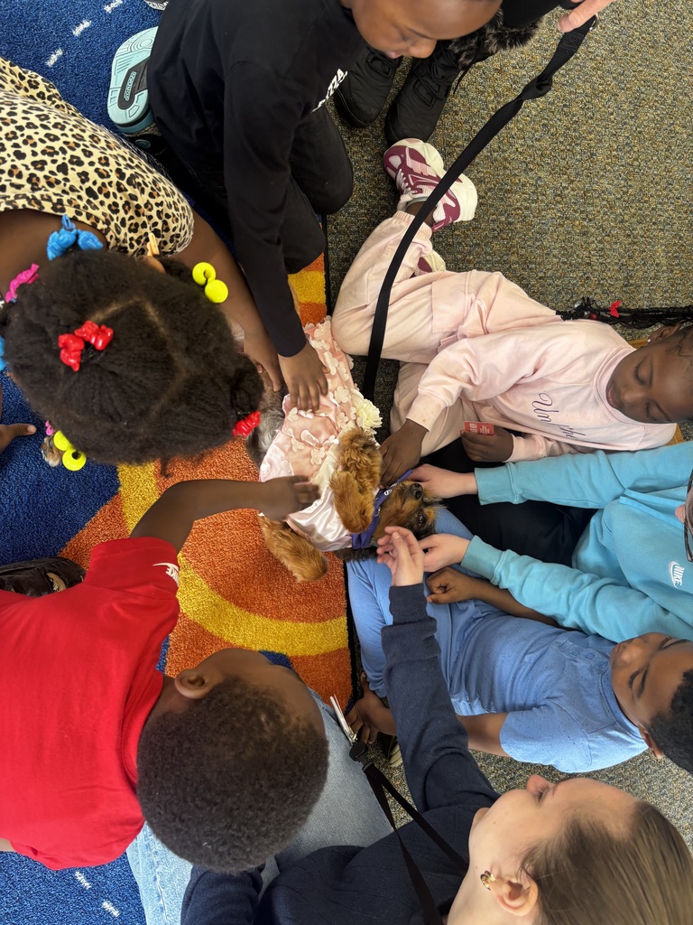 students interacting with therapy dog 