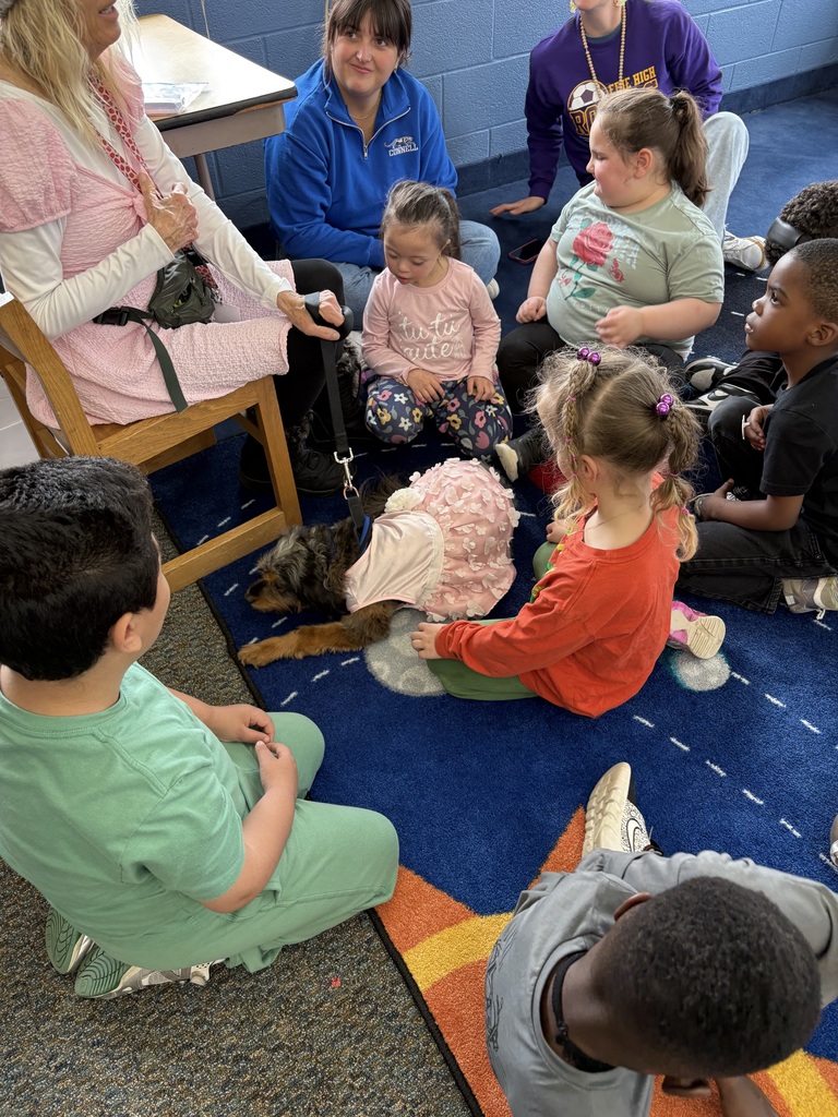 students interacting with therapy dog 