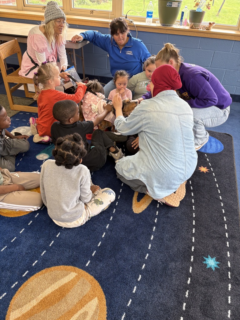students interacting with therapy dog 