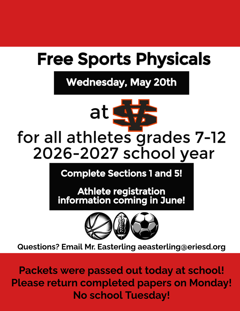 Free sports physicals will be on Wednesday, May 10th at Strong Vincent for all athletes grades 7 through 12. Packets were passed out to students at school today. Return the completed papers on Monday. We do not have school on Tuesday.