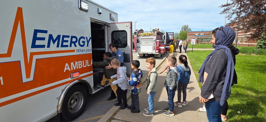 students exploring ambulancr