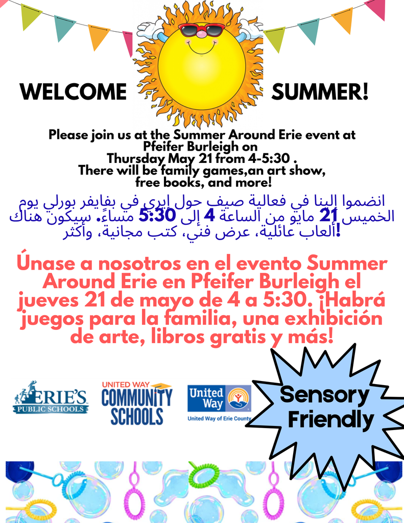 Flyer for Summer Around Erie with text in Arabic and Spanish