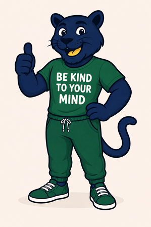 cartoon panther mascot in green clothes
