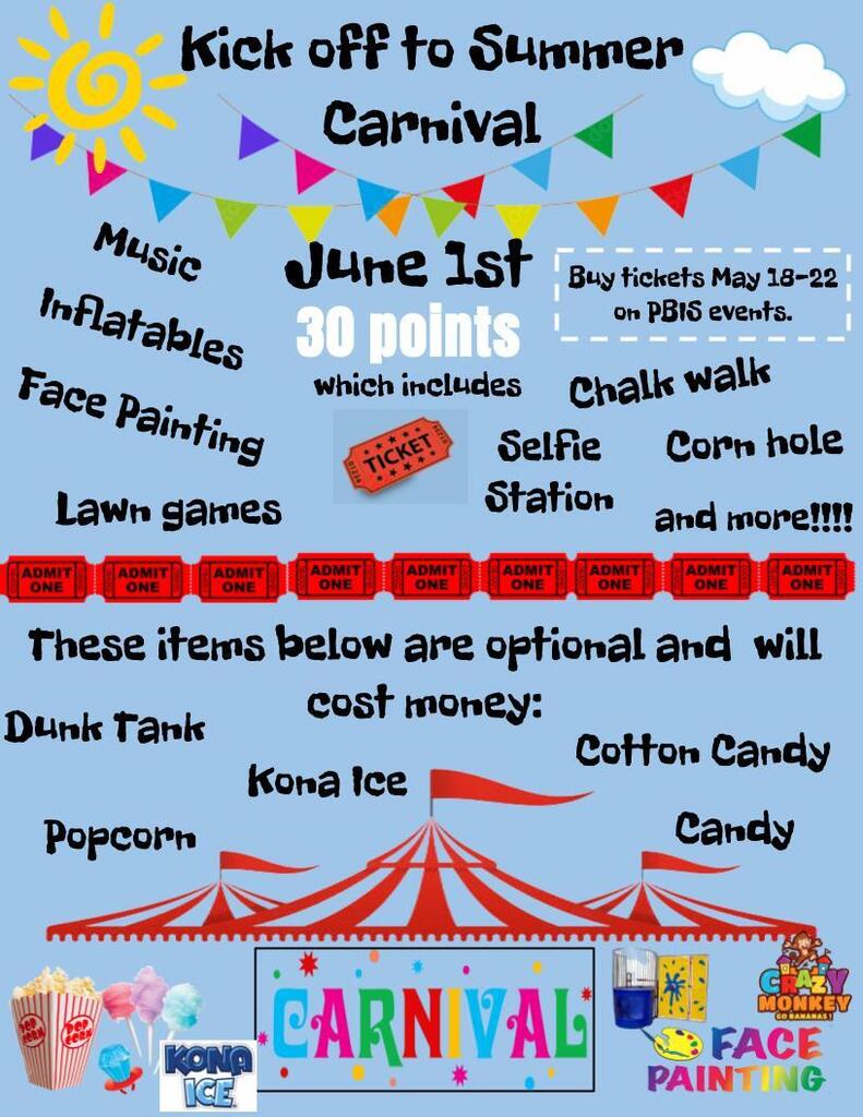A flier with a sun, carnival tent, and flags. The Wilson carnival will be held on June 1st.