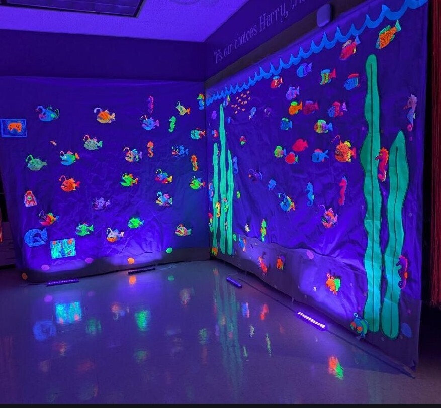 black light art display glowing fish/reef