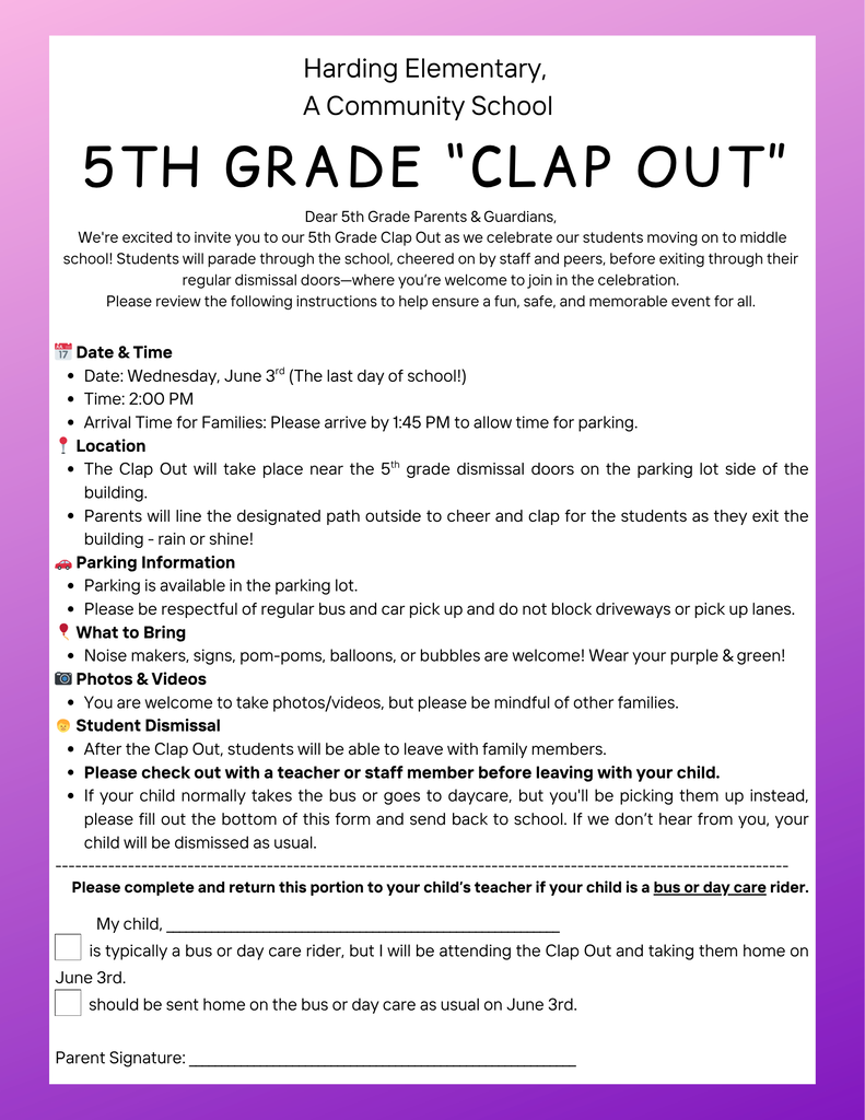 Flyer with details about the 5th grade Clap Out on June 3rd