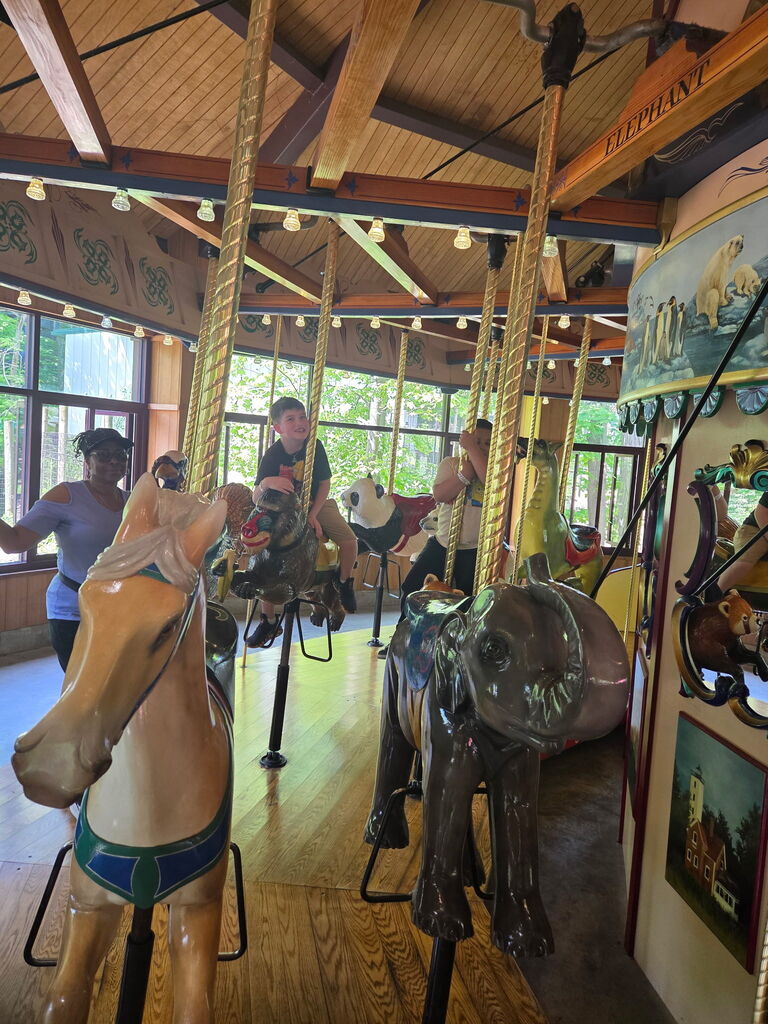 Students riding the carousel. 
